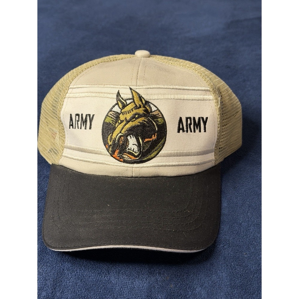 Vtg US Military Army Mesh Snapback Trucker Hat Bulldog Made in USA Tan Black